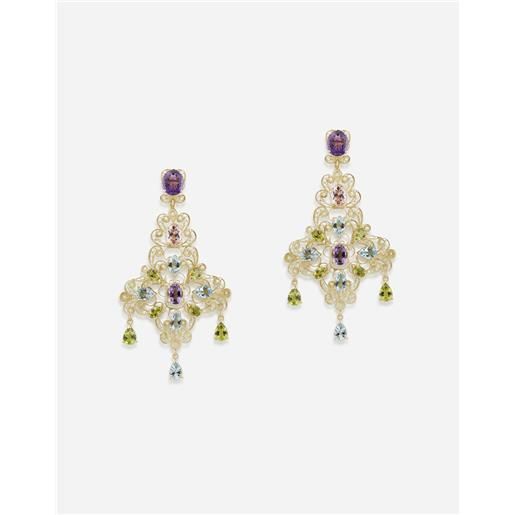 Dolce & Gabbana pizzo earrings in yellow gold filigree with amethysts, aquamarines, peridots and morganites