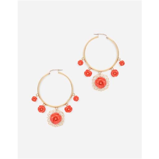 Dolce & Gabbana coral loop earrings in yellow 18kt gold with coral roses