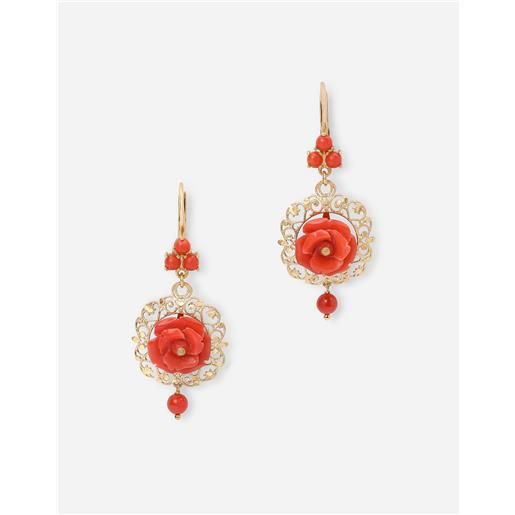 Dolce & Gabbana coral leverback earrings in yellow 18kt gold with coral roses