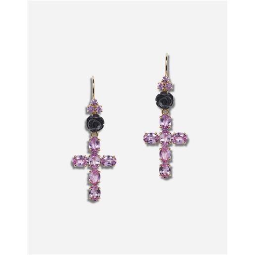Dolce & Gabbana family yellow gold earrings with rose and cross pendant