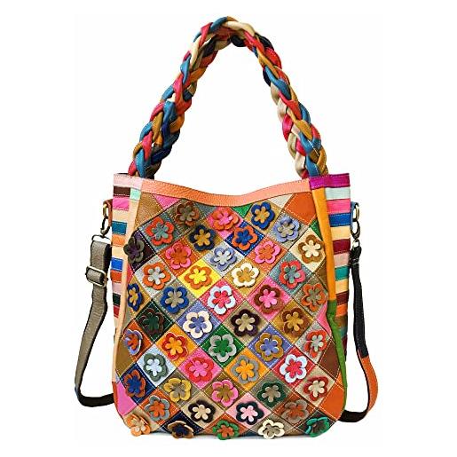 Borsa a tracolla da donna in vera pelle primo fiore, CASSANDRA, colore  NERO, CHIARO SCURO, Made in Italy, BORSE A TRACOLLA IN PELLE