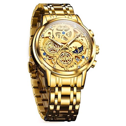 OLEVS orologi da uomo in acciaio inox, con cronografo al quarzo giapponese, con viso luminoso, impermeabile, alla moda, casual, da affari, oro