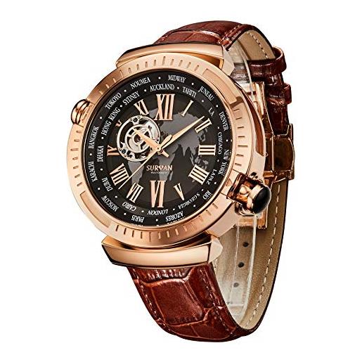 SURVAN WatchDesigner orologio automatico meccanico da uomo scheletrato con specchio in cristallo di zaffiro con cassa acciaio placcata oro 18k con cinturino in pelle vera(col. Oro)