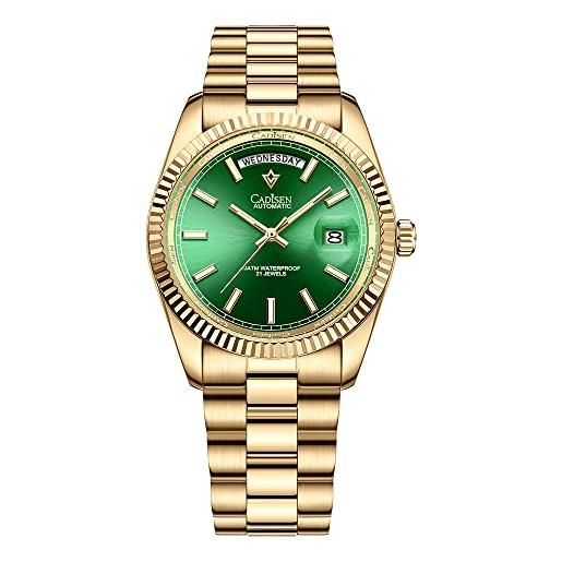 CADISEN orologio automatico da uomo con riserva di carica automatico vetro zaffiro impermeabile cinturino in acciaio inox casuale, 8215 verde