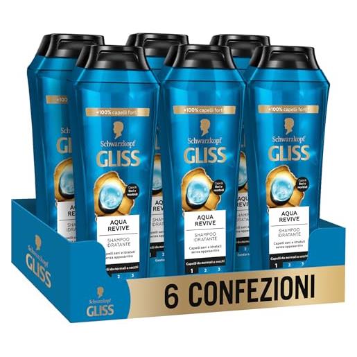 Gliss schwarzkopf Gliss aqua revive shampoo idratante, 6 confezioni da 250ml, shampoo idratante arricchito con complesso ialuronico e alga marina, prodotti per capelli da normali a secchi