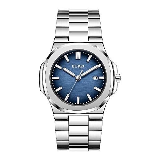 BUREI orologio da uomo fashion analog quartz date orologi business impermeabile orologio da polso con cinturino in acciaio inossidabile