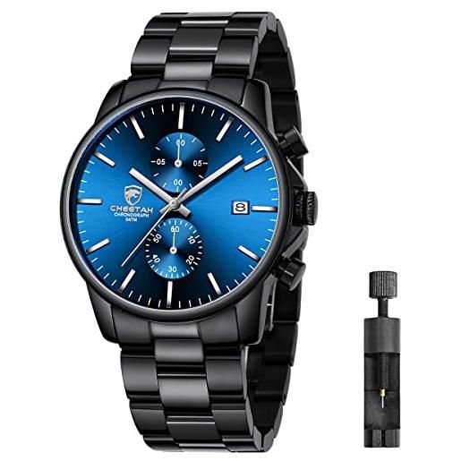 Affute orologio da uomo con cronografo casual impermeabile orologio al quarzo in acciaio inox e metallo, auto date in lancette colorate, nero blu