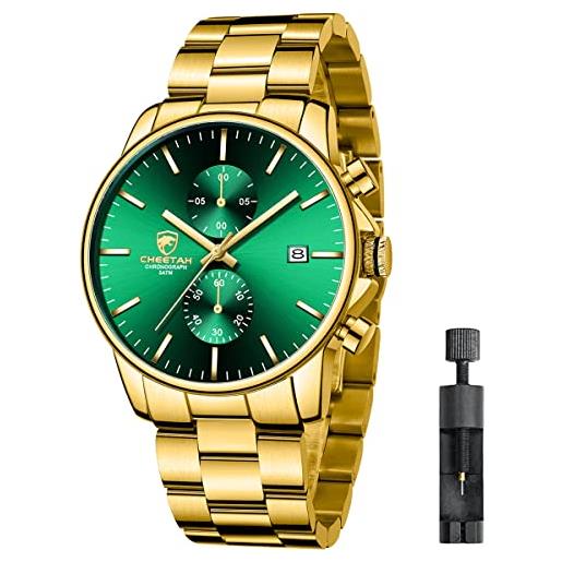 Affute orologio da uomo con cronografo casual impermeabile orologio al quarzo in acciaio inox e metallo, auto date in lancette colorate, oro verde