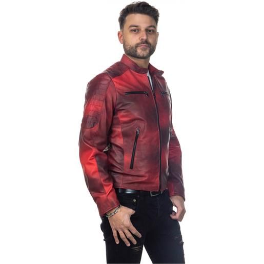 Leather Trend u05 - biker uomo rosso tamponato in vera pelle