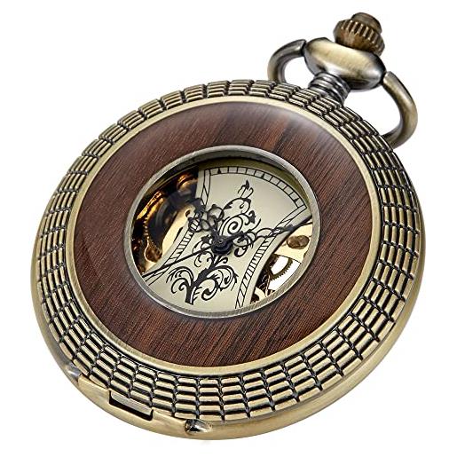Tiong orologio da tasca in legno meccanico steampunk elegante rame legno design viso aperto orologi da tasca da uomo con scatola a catena migliori regali, 06-bronzo, classico