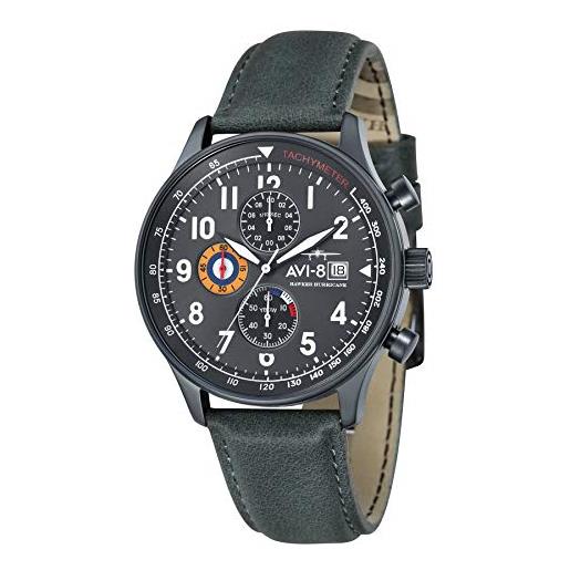 AVI-8 mens 42mm hawker hurricane classic chronograph military green japanese quartz pilot watch with leather strap av-4011-0d