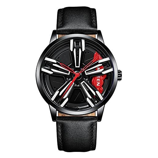 MIDYUID orologi da uomo orologio da mozzo con cerchione per auto orologio da polso al quarzo sportivo di moda con ruota stereoscopica cava per orologi da polso da uomo (red-04)