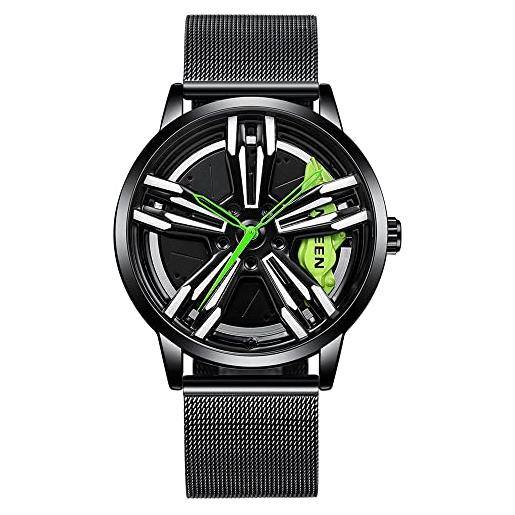 MIDYUID orologi da uomo orologio da mozzo con cerchione per auto orologio da polso al quarzo sportivo di moda con ruota stereoscopica cava per orologi da polso da uomo (green-02)