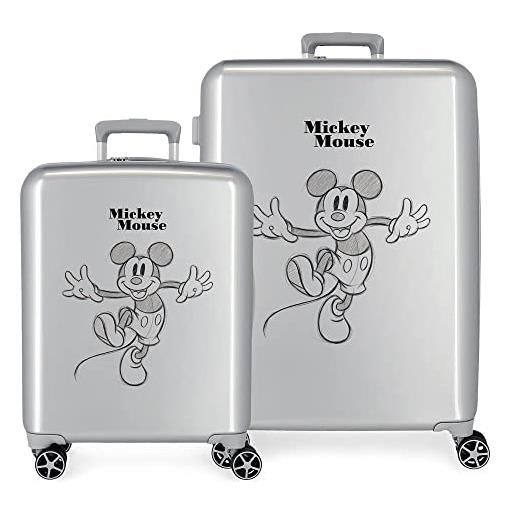 Disney set valigie Disney 100 mickey joyful happy grigio 55/70 cm abs rigido chiusura tsa integrata 119l 6 kg 4 doppie ruote bagaglio a mano