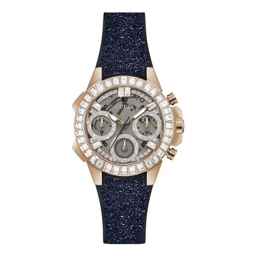 GUESS ladies sport multifunction baguette crystal 36mm watch - rose gold-tone stainless steel case clear dial with glittered navy leather & silicone strap