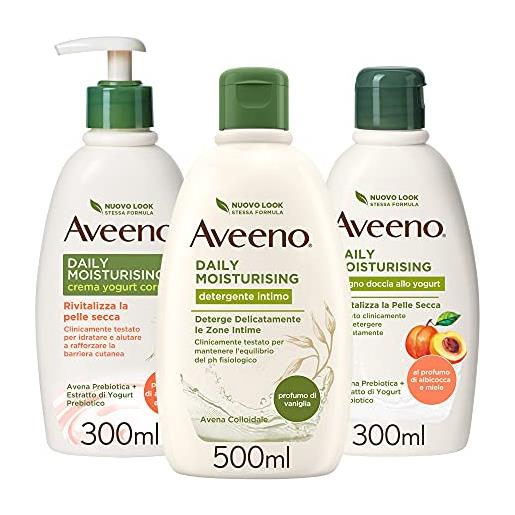 Aveeno, daily moisturising allo yogurt, set routine all' albicocca con crema corpo (300ml), detergente intimo (500ml) e bagno doccia (300ml)