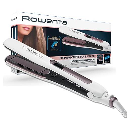 Rowenta sf7510 brush&straight premium care piastra per capelli lisci o ricci 2 in 1, con generatore di ioni e setole naturali integrate