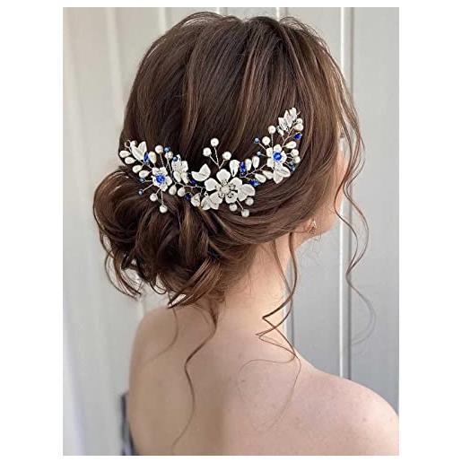 IYOU vite capelli perla matrimonio accessori per capelli fiore blu cerchietto di cristallo prom fascia per damigella d'onore sposa pezzo per capelli per le donne