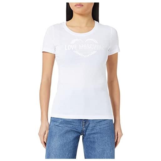 Love Moschino vestibilità regolare corte con nastro adesivo, spalle e maniche e toppa con logo t-shirt, bianco, 44 donna