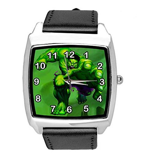 TAPORT orologio quadrante quadrato in pelle nera per i fan dei mostri verdi, nero , cinturino