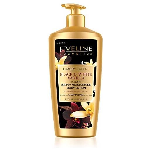 Eveline Cosmetics luxury expert black & white vanilla - lozione per il corpo idratante profonda, 350 ml, pelle secca e sensibile, aspetto luminoso, idratazione profonda