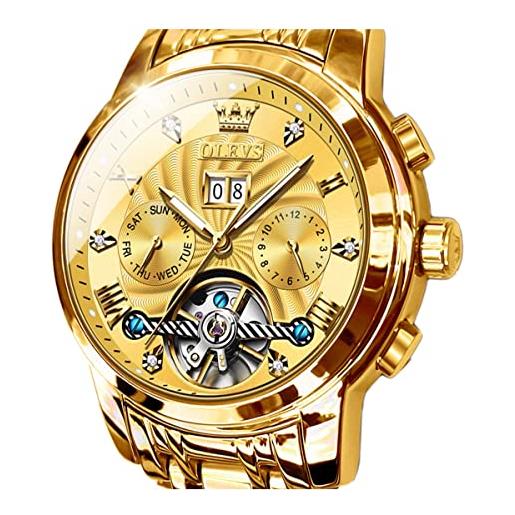 OLEVS orologio da polso automatico da uomo, tourbillon, con meccanismo a carica automatica, in acciaio inox, luminoso, impermeabile, per affari, oro, bracciale
