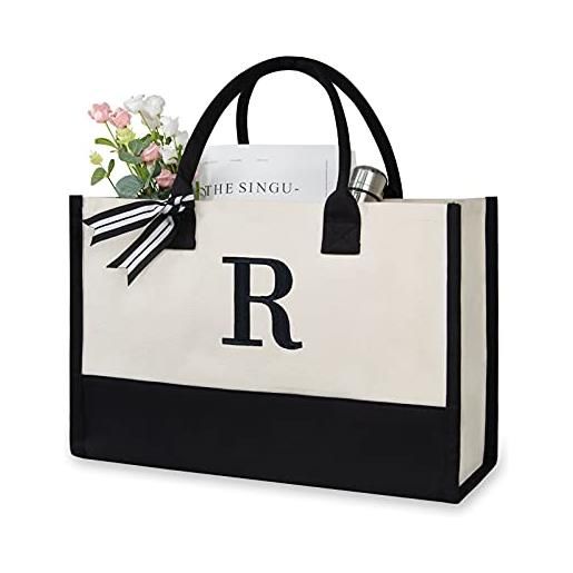 TOPDesign borsa da spiaggia personalizzata della tela iniziale, borsa monogrammata del totalizzatore del regalo per le donne, f, medium