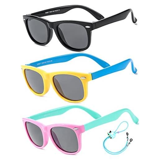 Rocf Rossini occhiali da sole per bambini occhiali da sole occhiali da sole polarizzati per ragazze ragazzi occhiali di protezione uv per età 2-8(nero + nero/blu + giallo/blu)