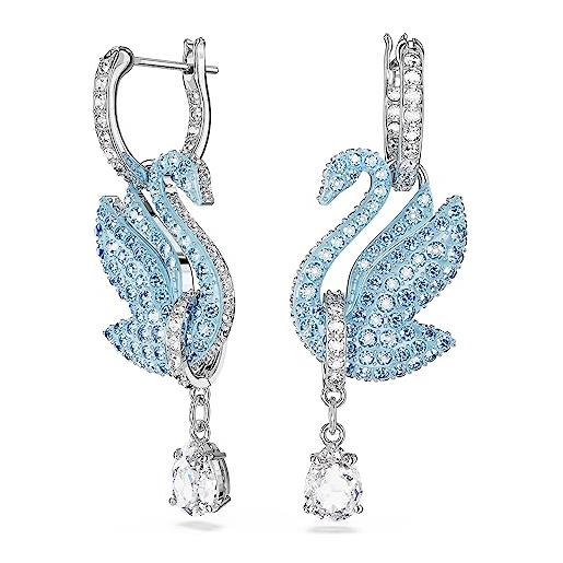 Swarovski iconic swan orecchini pendenti, con cigno in pavé di cristalli Swarovski, placcatura in tonalità rodio, blu