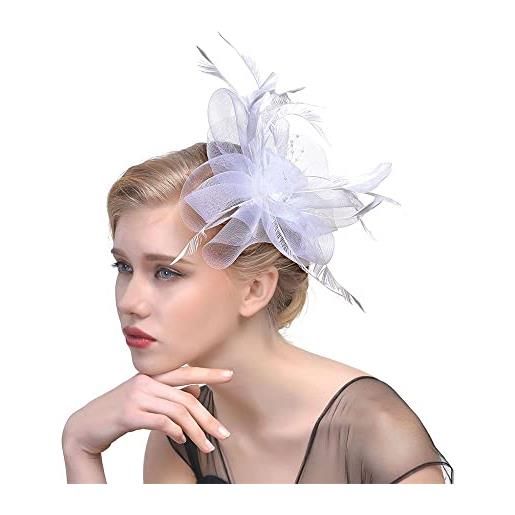 Generic fascinators - cappello a cilindro per matrimonio con alice con fiore in rete, per capelli, copricapo, piuma, fascia per capelli con piume (bianco)