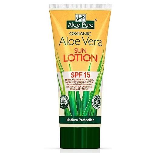 Aloe Pura aloe vera sun lotion spf 15, natural, vegan, cruelty free, paraben & sls free, long-lasting shield, medium protection, 200ml
