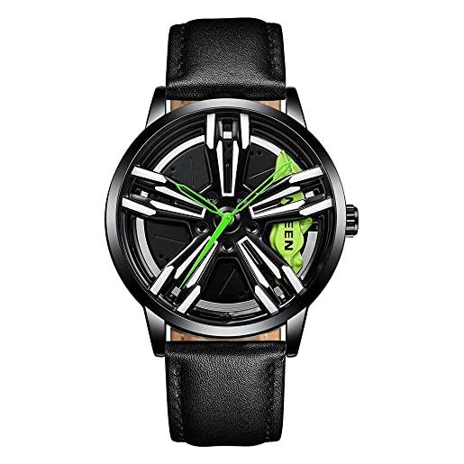 MIDYUID orologi da uomo orologio da mozzo con cerchione per auto orologio da polso al quarzo sportivo di moda con ruota stereoscopica cava per orologi da polso da uomo (green-04)
