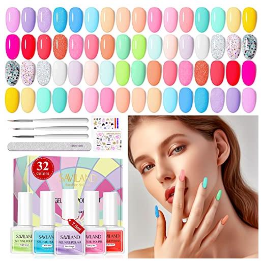 Saviland set di smalti in gel - 32 colori, con base e top coat lucido/opaco, per nail art, adesivi per unghie, soak-off-u-v, set per unghie per manicure