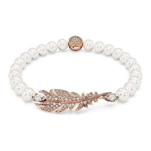 Swarovski nice braccialetto, motivo a piuma, con perle di cristallo, cristalli e zirconiaSwarovski, placcatura in tonalità oro rosa, taglia l, bianco