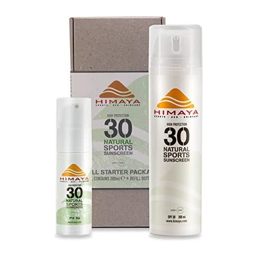 Himaya protezione solare naturale per lo sport - protezione solare ricaricabile resistente all'acqua e al sudore spf 30 ingredienti naturali reef safe (spf30, starter pack 200ml)