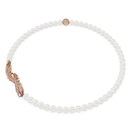 Swarovski nice collana girocollo, motivo a piuma, con perle di cristallo, cristalli e zirconia Swarovski, placcatura in tonalità oro rosa, bianco