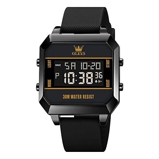 OLEVS orologio digitale da uomo quadrato con cronografo con cinturino in silicone traspirante sportivo al quarzo luminoso allarme antiurto regalo impermeabile, nero , bracciale