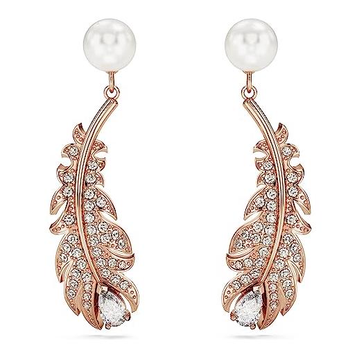 Swarovski nice orecchini pendenti, motivo a piuma, con perle di cristallo e zirconiaSwarovski, taglio misto, placcatura in tonalità oro rosa, bianco