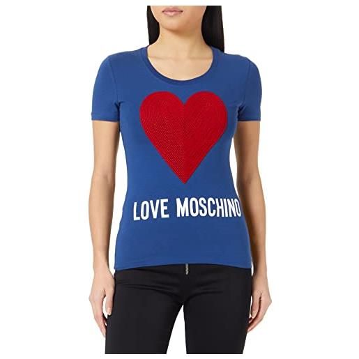 Love Moschino maniche corte aderenti con maxi cuore con cuciture ricamate e logo istitutionale ad acqua t-shirt, blu, 44 donna