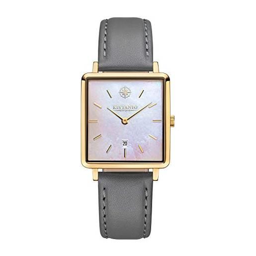 Kistanio carré go-pm-l-gr - orologio da donna con cinturino in pelle, data in acciaio inox placcato oro e vetro zaffiro
