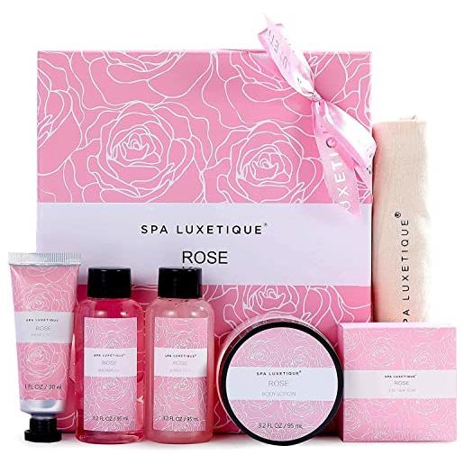 Spa luxetique set bagno donne - 6pcs set per la cura del profumo di rosa da viaggio, gel doccia, lozione per il corpo, bagnoschiuma, borsa in tela con coulisse, set da viaggio regalo per san valentino