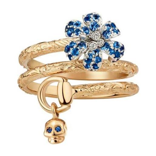 Gucci Gioielli anello gucci flora con teschio in oro rosa e bianco e fiore in diamanti e zaffiri blu