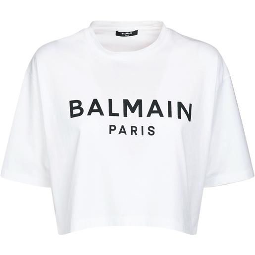 BALMAIN t-shirt cropped in jersey di cotone con logo