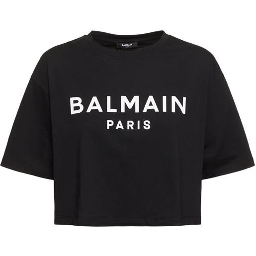 BALMAIN t-shirt cropped in jersey di cotone con logo