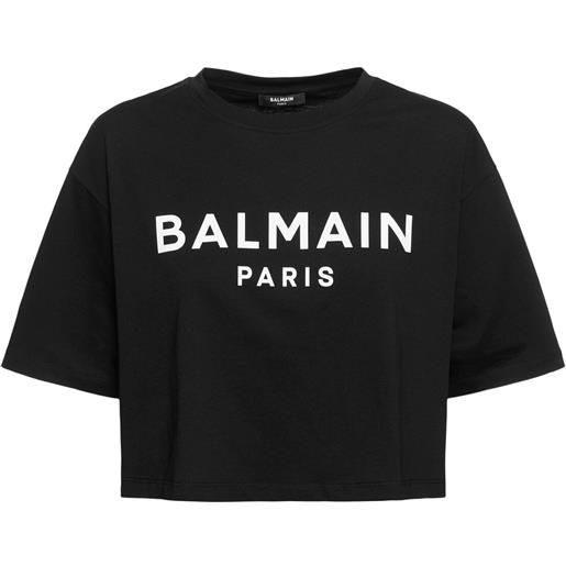 BALMAIN t-shirt cropped in jersey di cotone con logo