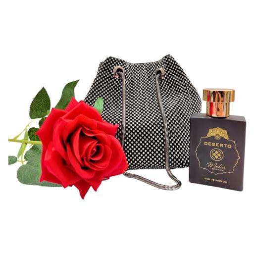 Melia Cosmetica idea regalo - eau de parfum deserto 50ml - pochette con strass e rosa rossa sintetica - Melia Cosmetica