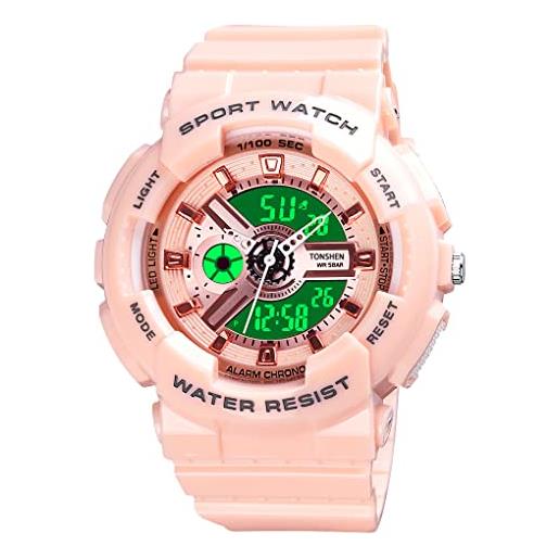 TONSHEN donna digitale sportivo orologi da polso 50m impermeabile led elettronico analogico quarzo doppio tempo orologio allarme cronometro (rosa)