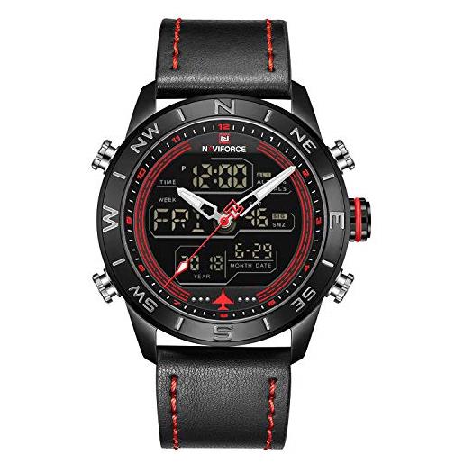 Naviforce uomo's impermeabile sport guarda cuoio analogico digitale watch lussi casual a doppio tempo(b/r/b)