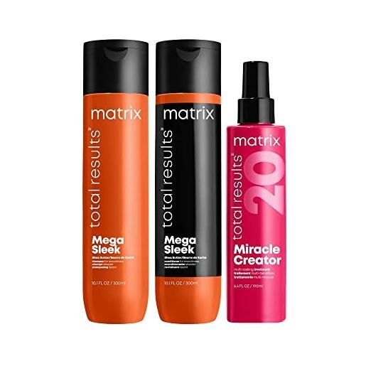 Matrix | kit mega sleek shampoo anti-crespo 300ml + balsamo 300ml + trattamento miracle creator total results 190ml per capelli crespi