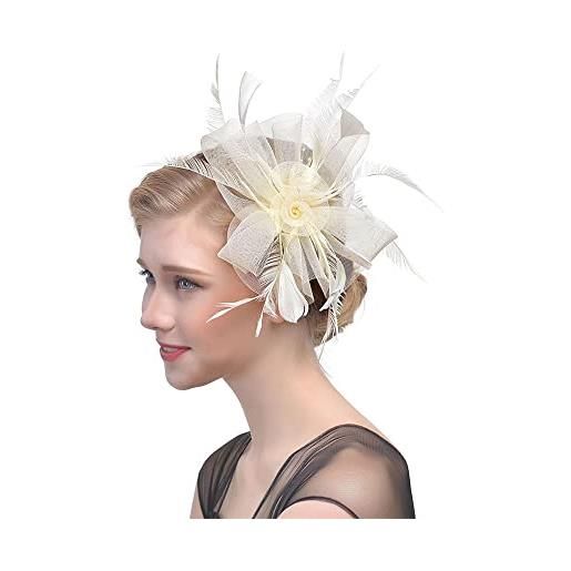 Generic fascinators - cappello a cilindro per matrimonio con alice con fiore in rete, per capelli, con piume, fascia per capelli (beige)